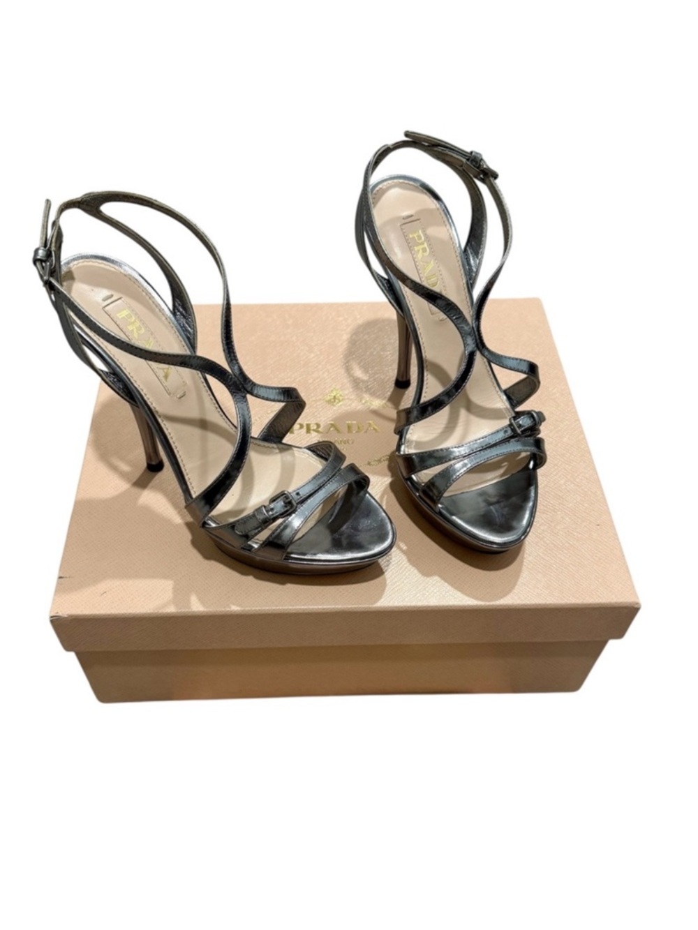 Prada Metallic Silver Platform Strappy Heels
